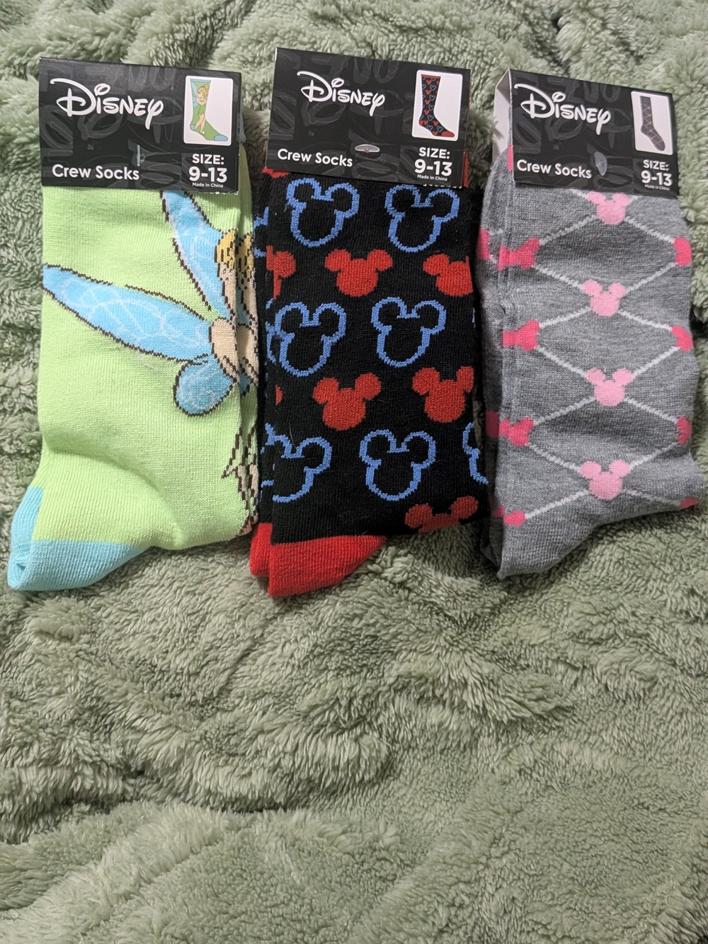 Disney Woman Crew Socks Trio - Green, Black & Gray with Pink Accents